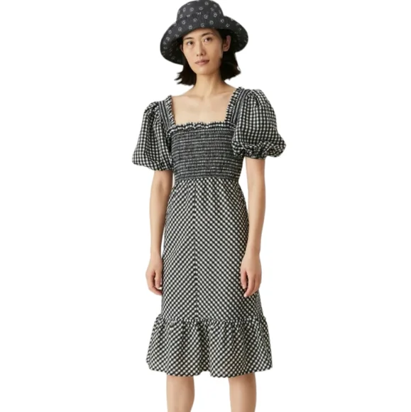 Ganni Searsucker Midi Dress Black White Plaid Check New With Tags Size 36 US 6 - Picture 2 of 10